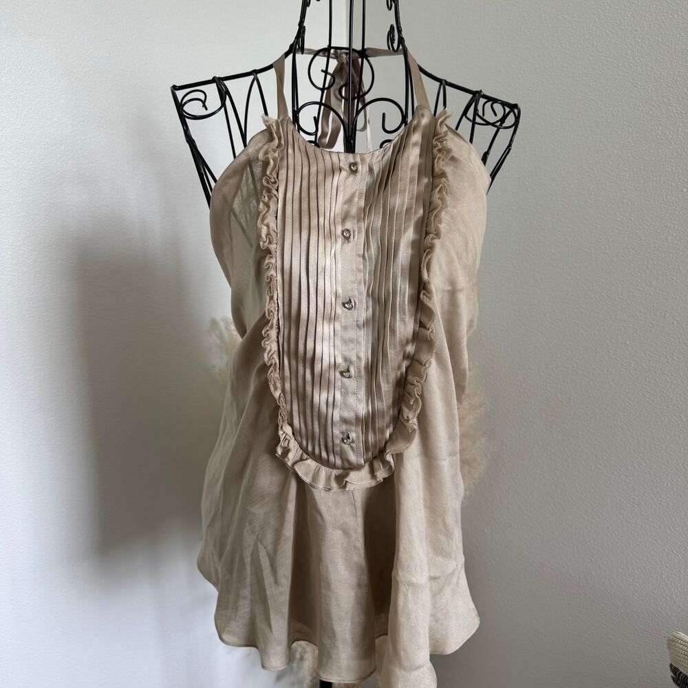 VTG Robert Rodriguez Silk Ruffled Tuxedo Halter Blouse Tan Beige Open Back